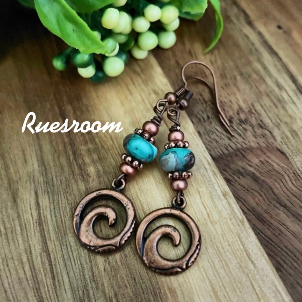 Copper Wave Earrings,Gemstone Earrings,Surfer Earrings,Boho Earrings,Bohemian